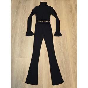 The Line by K Black Lettuce Edge Mock neck Crop + Flare Pants Set S